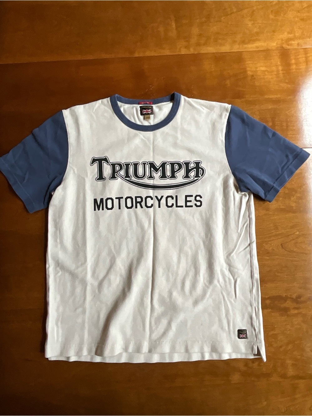 Heavyweight Triumph White Tee with Blue Raglan Sleeves